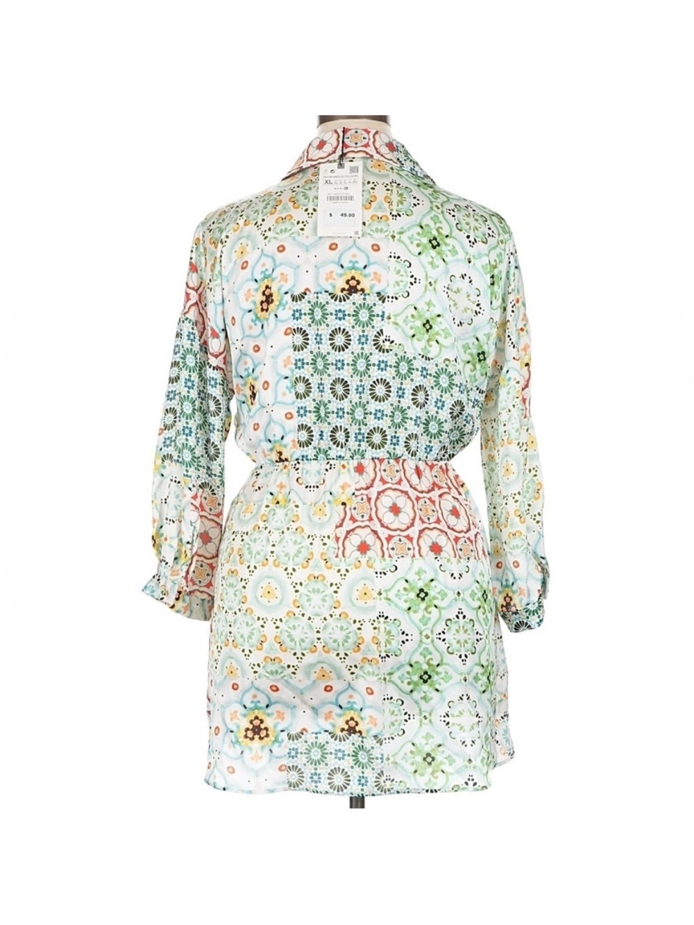 Zara Mixed Print Shirt Dress Mini Multicolor Floral Geometric Button Front XL - Picture 5 of 8